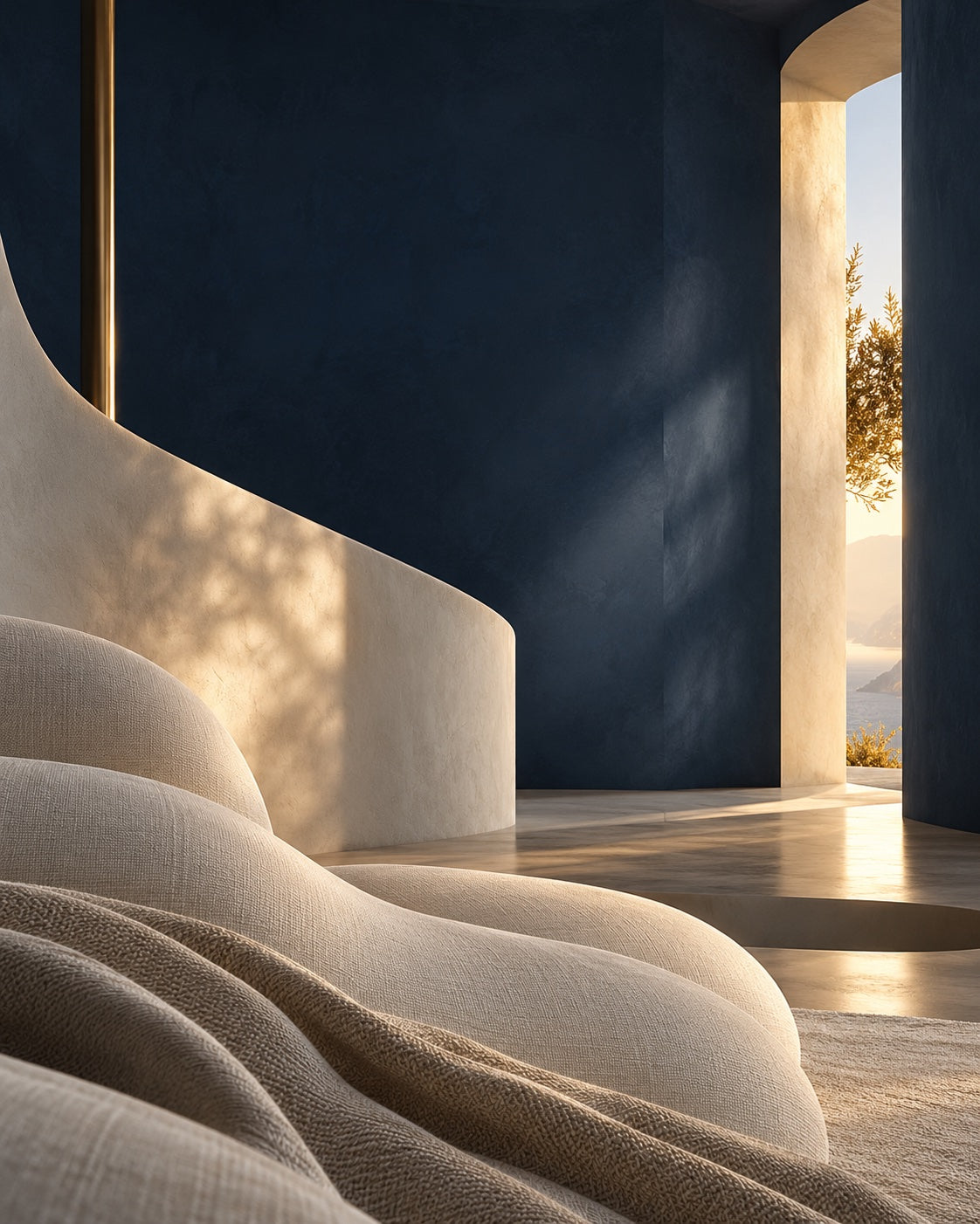 Soft sculptural forms and warm daylight in a quiet navy interior — a Tessilo concept study